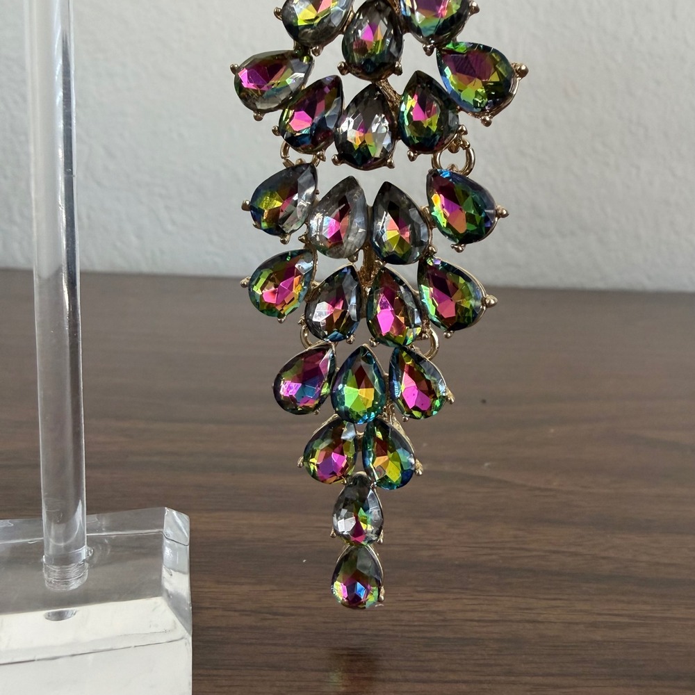 Chandelier Rhinestone Crystal Pageant Bridal Earrings AB Drop Dangle 4" Green - Picture 7 of 10